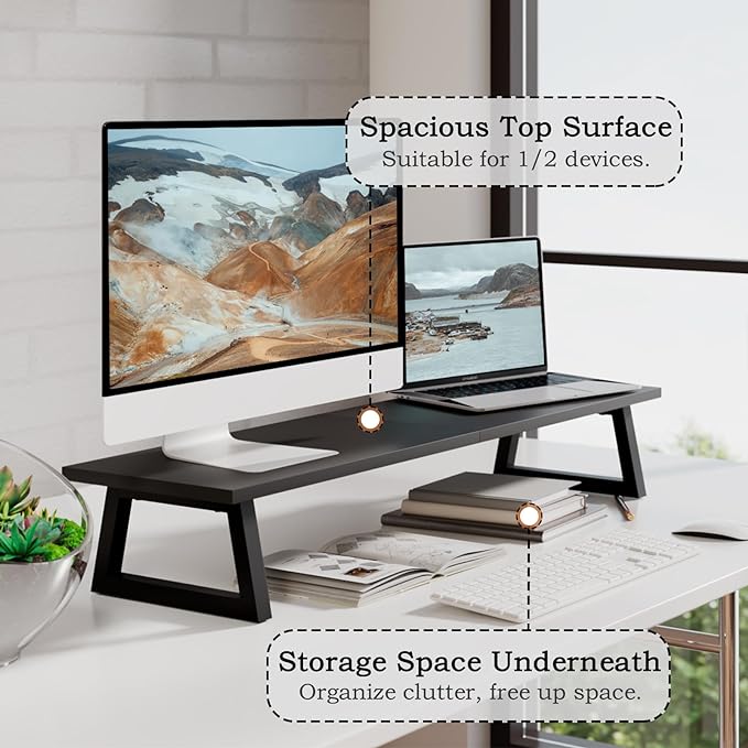 TEAMIX 31.5 inch Dual Monitor Stand Riser, TV Riser, Black Desk Organizer | For 2 Monitors/Laptop/Printer, Long Computer Stand, Wood & Steel, Holds 150 lbs, PS5/Keyboard Storage, For Home Office Gaming - Image 3