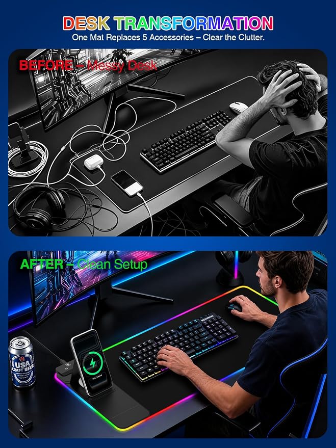 RGB Mouse Pad with Foldable Phone Stand Wireless Charger, 31.5"x11.8" XL Gaming Mousepad Large Desk Mat, Desk Pad with 11 Colors 5 Modes, Waterproof - Image 7
