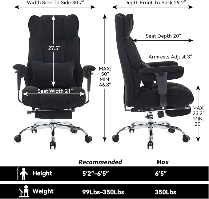 Efomao Executive Office Chair 400lbs, Black Fabric Big and Tall Desk Chair | Breathable fabric, pocket spring & foam seat, retractable footrest, 135° recline for computer gaming setup - Image 2