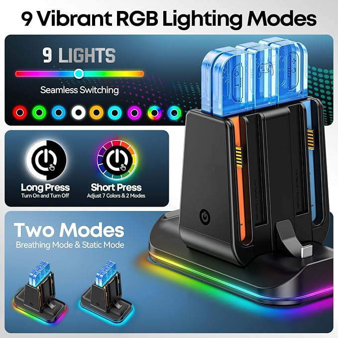 Switch 2/1 Compatible Controller Charging Dock, 6-in-1 Charger Station for 4 Joy-Cons & 2 Pro Controllers, 9 RGB Modes Fast Charging Stand for Switch 2 Accessories, with LED Indicator - Image 4