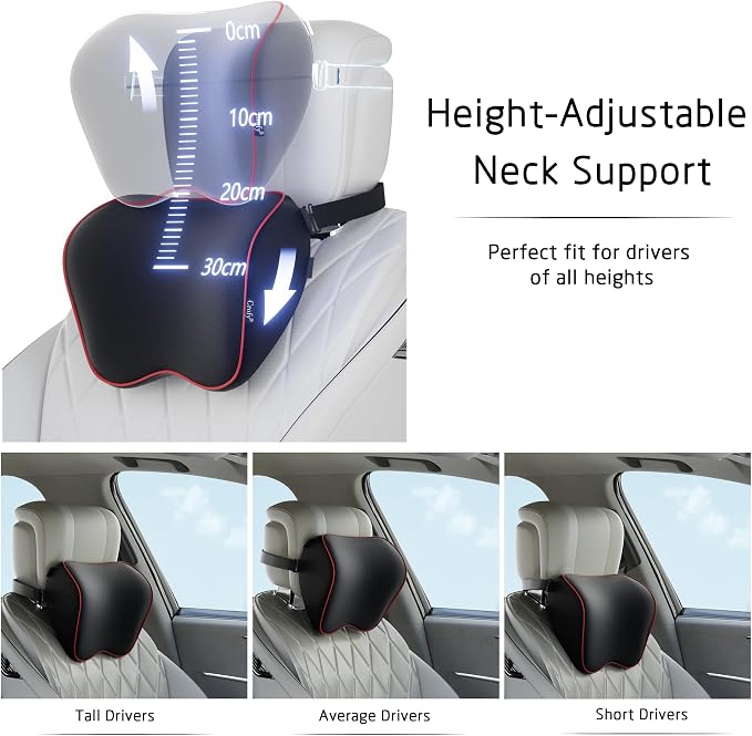 Crofy 2-Pack Car Neck Pillow, Headrest Pillow with Adjustable Strap, Black | Soft Memory Foam; Ergonomic Design Fits Most Car & Office Chairs; Breathable Removable Pillow Cover Is Machine Washable - Image 2