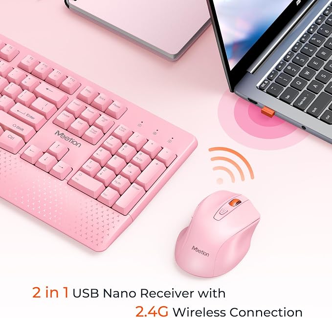 MEETION Wireless Keyboard and Mouse Combo, Full-Size with Wrist Rest, Pink - Image 2