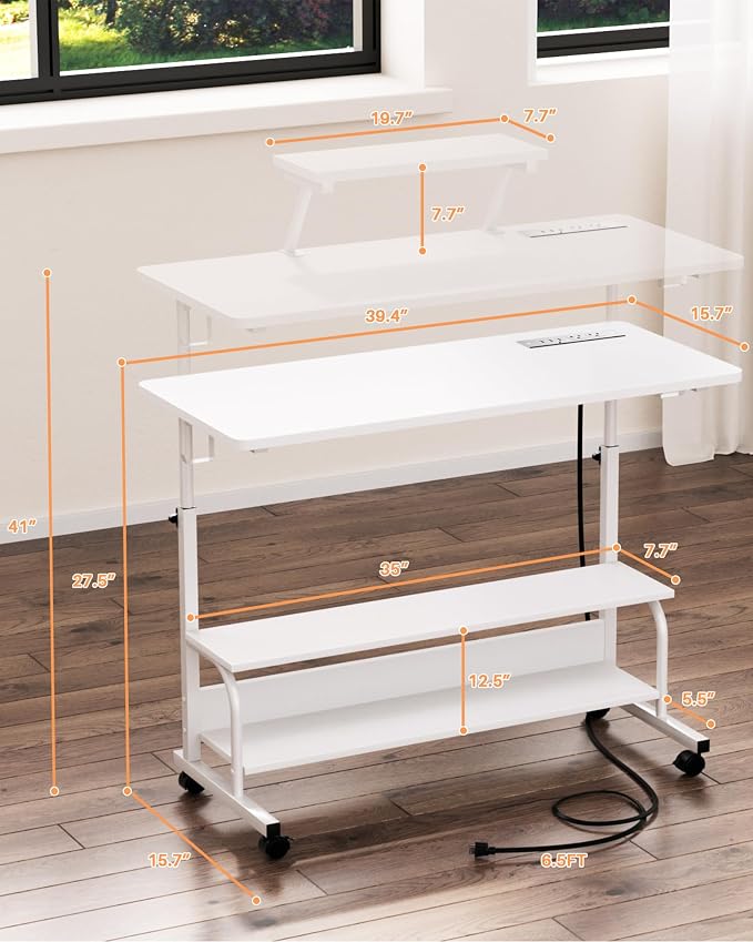 Height Adjustable Standing Desk with Power Outlets and LED Lights - 39" Manual Stand Up Desk with Monitor Stand and Storage Shelves Small Mobile Rolling Computer Desk Portable Laptop Table, White - Image 3