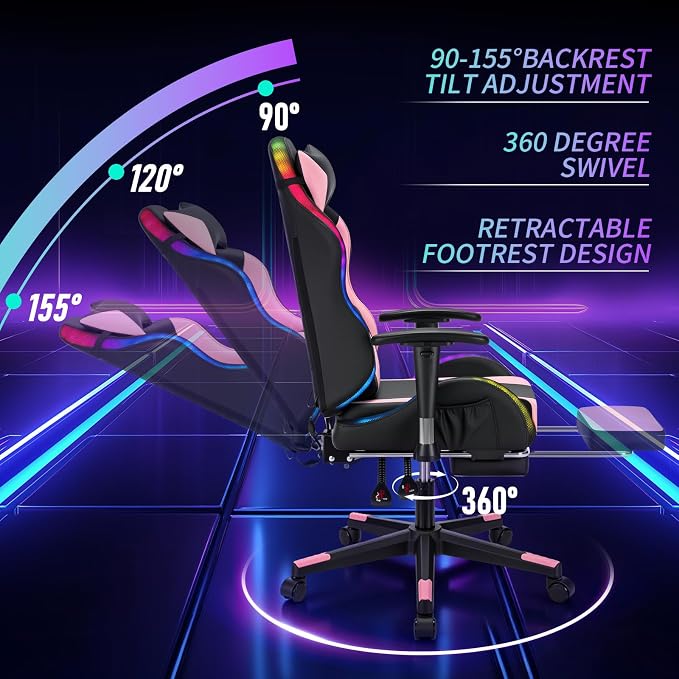 HOFFREE RGB Gaming Chair for Kids LED Computer Chair 155°Recliner-Pink | PC Game Chair with Lights Gamer Chair for Boys Teens 8-15 Video Game Chairs with Footrest and Lumbar Support Racing Style - Image 6