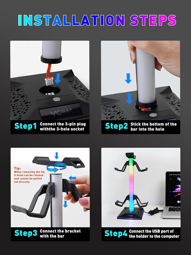 VCOM RGB Gaming Headphones Stand with 2 USB and 1 Type-C Ports, Headset Stand with 10 Light Modes and Non-Slip Rubber,Suitable for All Earphone Accessories, Best Gift for Desk Gamers - Image 4