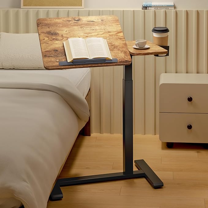 Overbed Bedside Table with Wheels, Pneumatic Adjustable Medical Tilt Top Hospital Bed Table Over The Bed, Rolling Laptop Desk, Mobile Standing Desk for Hospital and Home Use, Rustic Brown by Unknown
