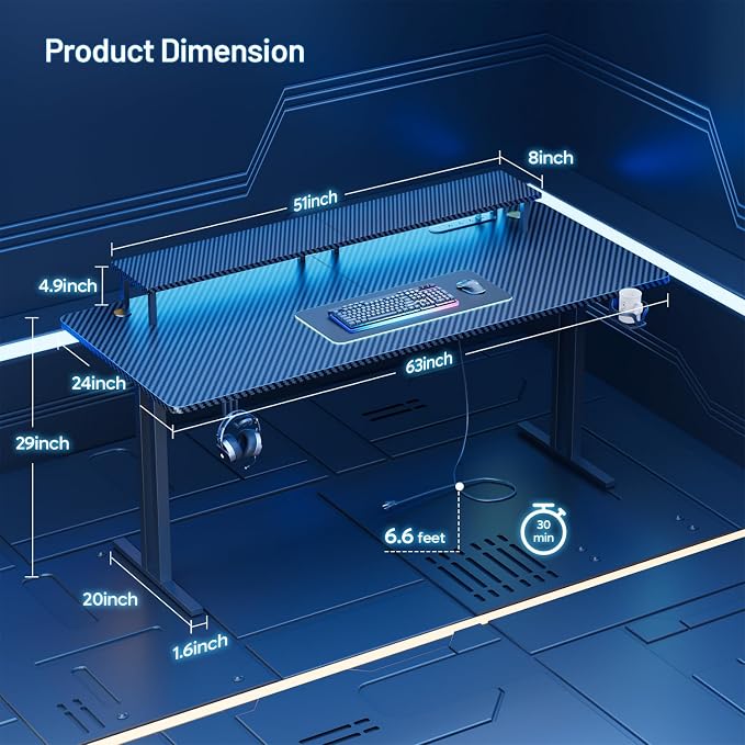 HLDIRECT 63 Inch Gaming Desk with LED Lights & Cable Management, Black - Image 3