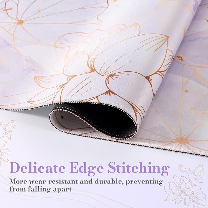 iCasso Desk Cover Mat, Extra Large Lotus Mouse Pad, Purple Lotus Leaf | Desk Pad Mat, Office Matt for Desktop Protector, Anti-Slip XXL Big Mousepad with Stitched Edges for Laptop Computer Keyboard - Image 6