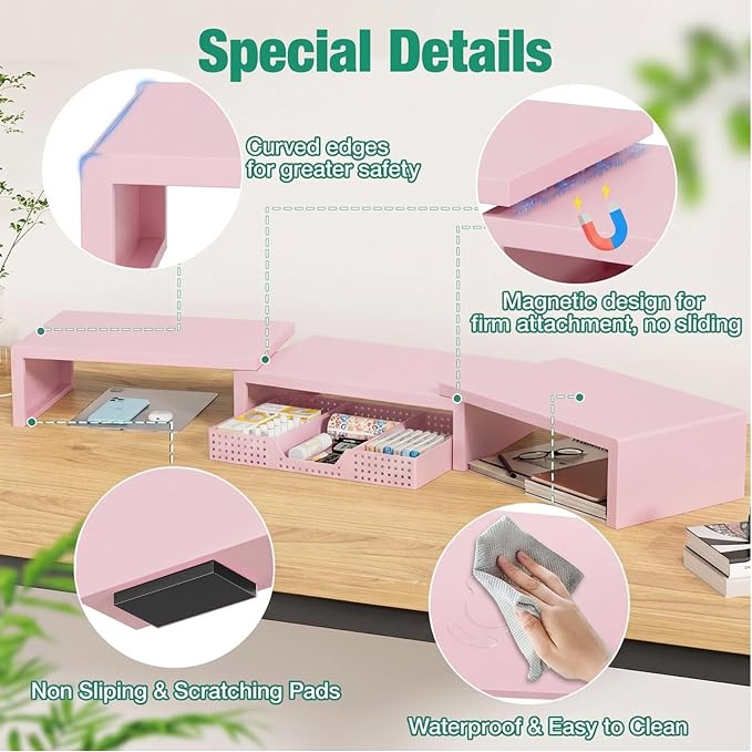 OPNICE Dual Computer Monitor Stand Riser, Desk Organizer with Drawer, Office Desk Accessories & Workspace Organizers for Home Office Supplies, Pink - Image 6