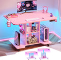SEDETA Small Standing Gaming Desk, 31.5" Rolling Computer PC Desk Electric Height Adjustable with Power Outlet, Pegboard & Storage Shelves, LED Light, for Small Spaces/Bedroom/Gaming/Girl Room, Pink by SEDETA