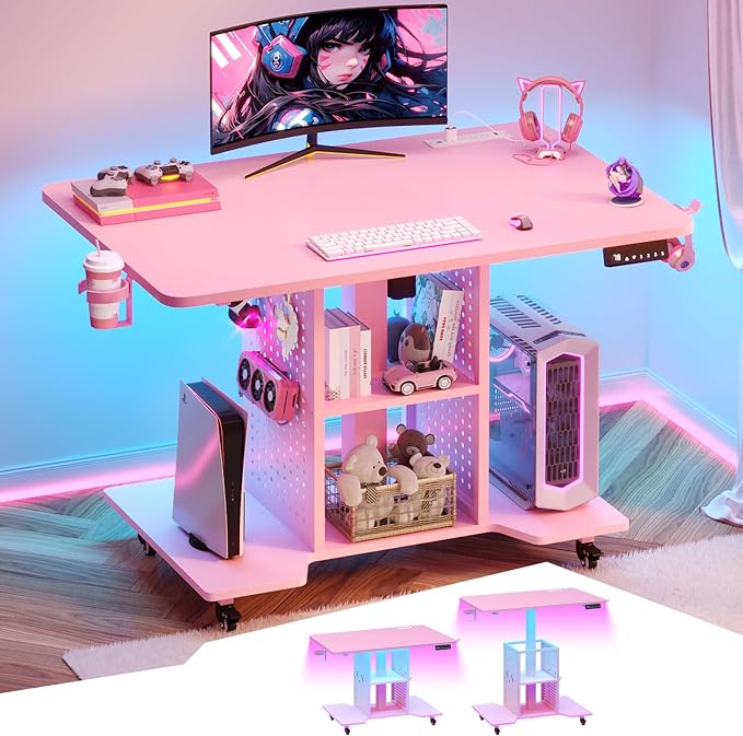SEDETA Small Standing Gaming Desk, 31.5" Rolling Computer PC Desk Electric Height Adjustable with Power Outlet, Pegboard & Storage Shelves, LED Light, for Small Spaces/Bedroom/Gaming/Girl Room, Pink by SEDETA