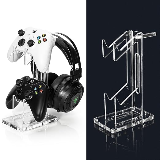 OAPRIRE Acrylic Game Controller Stand for Desk, 2 Tier, Stabilized Base | Controller and Headset Stand, Gamer Gift for PS5 PS4 Xbox Controllers, Desk Accessories, Quick Desk Tidy In Seconds, Clear by OAPRIRE