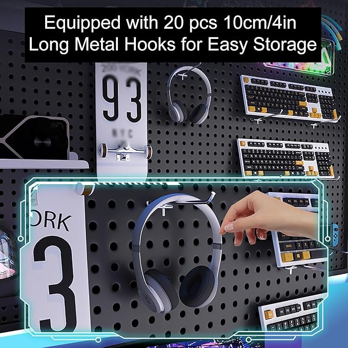 Desk Pegboard Metal Gaming Pegboard Black Peg Board Organizer with 20 Pcs Hooks for Office, Garage Tools, Kitchen, Craft(60x40cm/24x16in) - Image 7