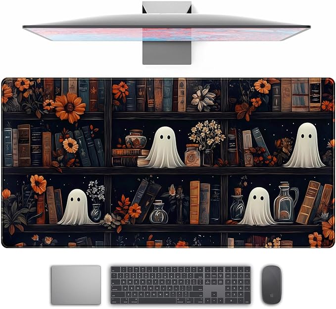 Cute Ghost Desk Mat Dark Vintage Large Mouse Pad Gaming Black Mouse Pad XXL Large Gaming Mousepad Desk Mat for Desktop Office Computer Laptop Keyboard and Mouse Mat - 31.5 X 15.7 in Desktop Protector by TENG+DA+QING