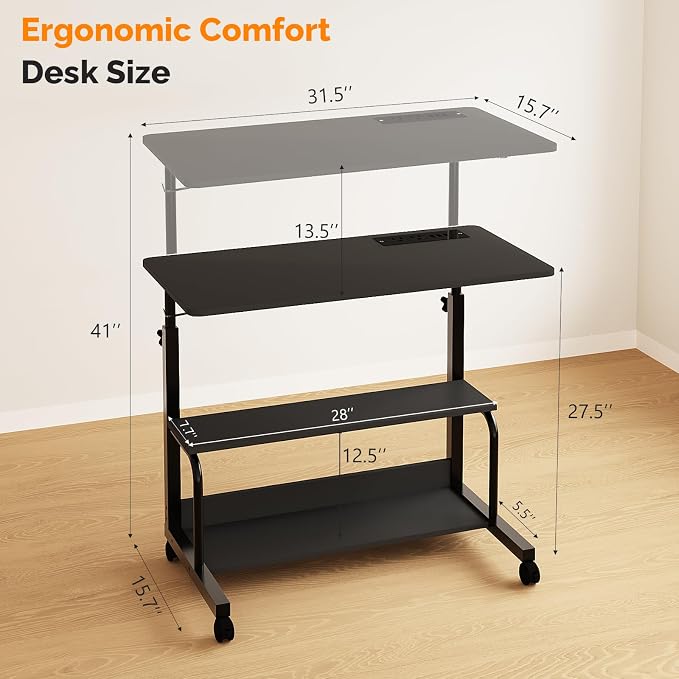 FCH 31.5" Mobile Small Standing Desk, Adjustable Height Mobile Computer Desk, w/2 AC Outlets + 3 USB Ports & Hooks, Storage Shelves, Suitable for Gaming, Studying, Home Office, Black - Image 3
