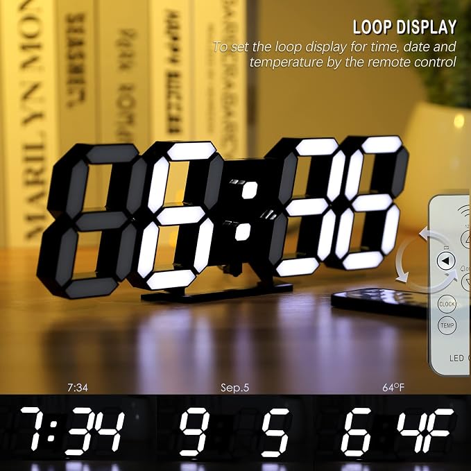 KOSUMOSU Digital Clock 3D LED Wall Clock for Living Room Decor 9.7" Alarm Clocks Black Clock Wall Decor Digital Wall Clock,Remote Control/Dimmer/Date/Temperature - Image 3