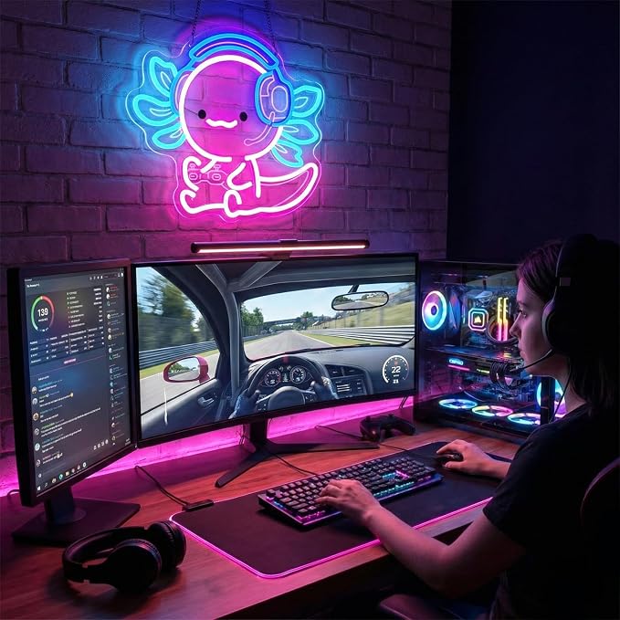 Cute Axolotl Gaming Neon Sign with Headset & Controller,LED Neon Wall Light for Gamer Room Decor,USB Powered Dimmable Neon Light for Bedroom,Teens Room,Game Setup - Image 5