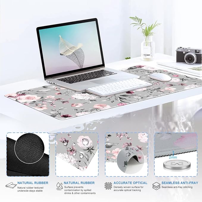 iCasso Desk Blotter for Workspace, Pink Floral 35.4"x15.7" Mousepad - Image 4