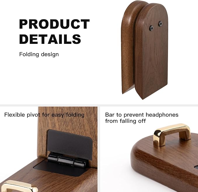Wood Headphone Hanger Wall Mount Stand，Foldable Headset Holder Hook - Image 6
