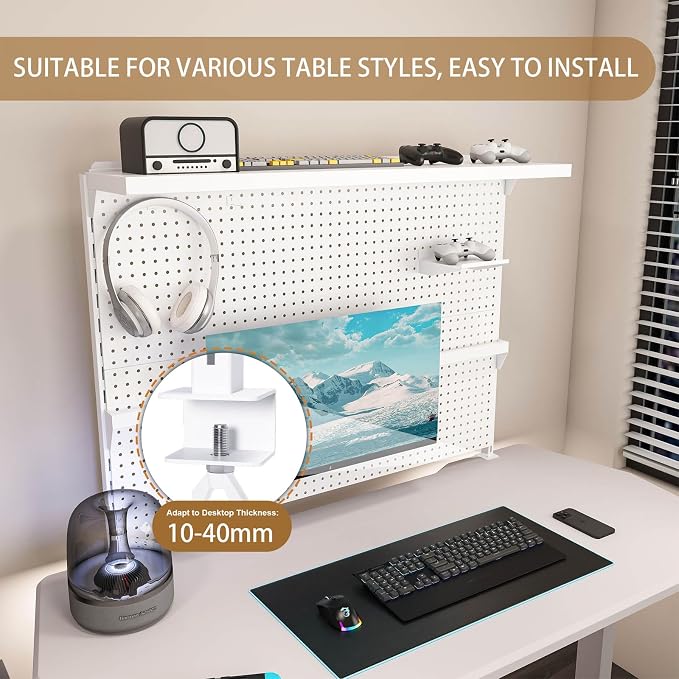 Majnesvon Clamp On Pegboard-Metal Office Pegboard Organizer with Monitor Stand, Peg Board Gaming for Desk with Hooks & Movable Partition, Office Storage Shelf for Workstation Setup (White 43x35 Inch) - Image 7
