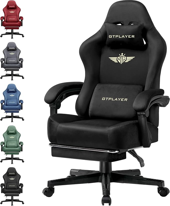 GTPLAYER Gaming Chair Fabric with Pocket Spring Cushion, Big and Tall Gamings Chairs 350LBS High Back Computer Chair with Footrest for Adults Lumbar Support Swivel Game Chair for Office Light Black by GTPLAYER