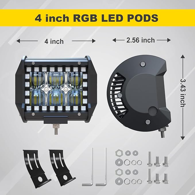 4PCS 4" inch LED Pods Flood Work Fog Lights with RGB Chasing Halo - Image 2