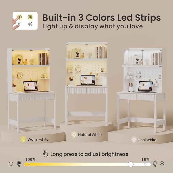 Lvifur 31.5" LEDStudy Desk with Drawer,Hutch,Reading Lights | Computer Desk with Charging Station,2 Drawer,Compact Writing Desks,Home Office Desks for Bedroom,White - Image 6