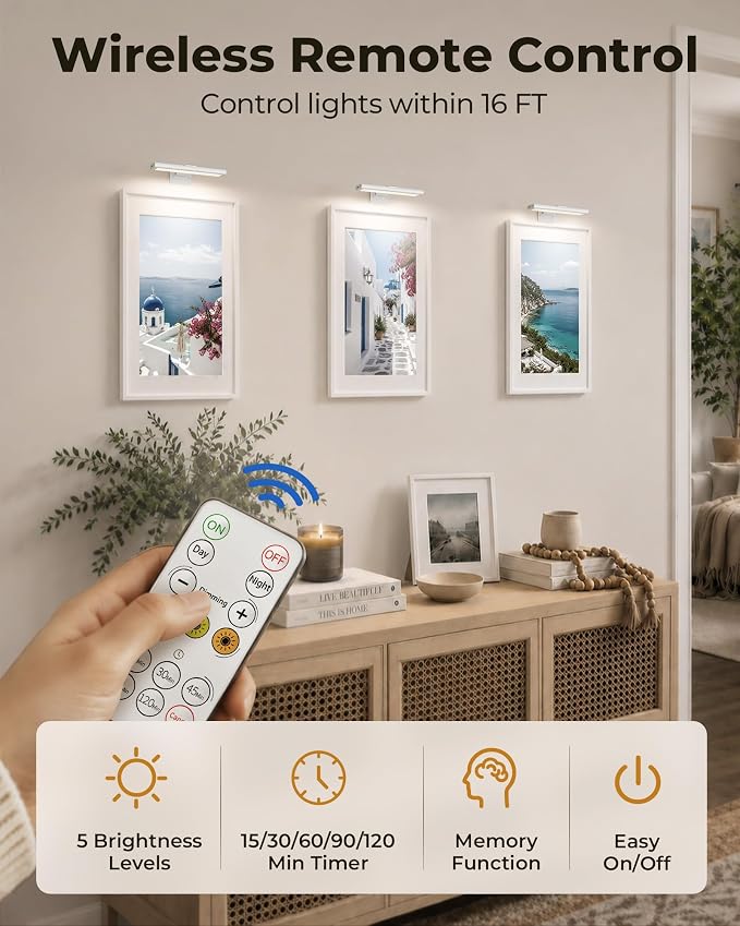 EZVALO Picture Light for Wall, Rechargeable 2400mAh Lights Wireless with IR Remote, 3 Color & Dimmable Magnetic 7.87'' LED Lights Display for Painting, Living Room, Gallery, Bedroom Art(White-2P) - Image 9