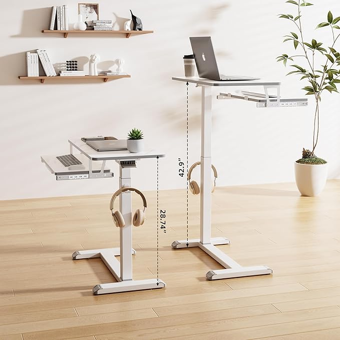 ETHU Overbed Table with Wheels, Medical Table with Drawer, Hospital Bed Table, Workstation Desk, Adjustable Overbed Bedside Rolling Laptop Desk, Marble White - Image 3
