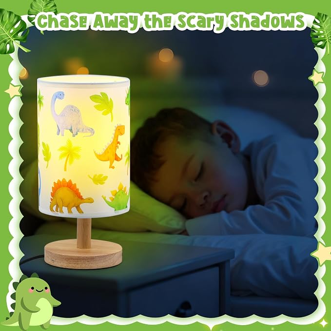 Dinosaur Table Lamp for Kids Bedroom - Cartoon Dinosaur Bedside Lamp with Linen Lampshade Wooden Stand Night Light for Boys Bedroom Living Room Nursery Room Decor Dino Gifts for Boys - Image 4