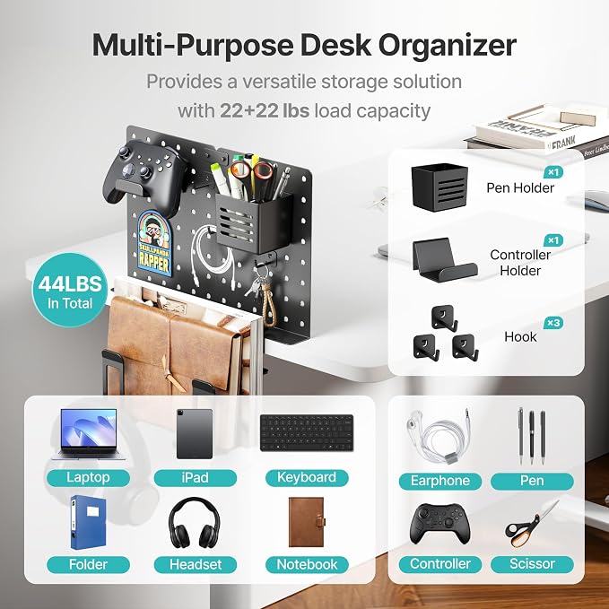 PEGZONE Clamp on Desk Pegboard Shelf, with 2-Slot Under Desk Laptop Holder | with Headphone Holder and Pegboard Accessories, Desk Side Storage for Office Gaming, Desk Organizer, Black - Image 4
