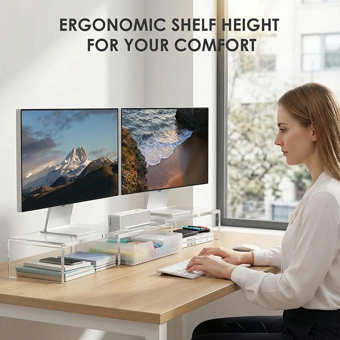 OPNICE Clear Acrylic Desk Organizers and Accessories, Dual Monitor Stand Riser with Drawer and 2 Pen Holders, Desk Shelf Computer Racks for Office Workspace Organizers, Desktop Organization (Transparent) - Image 2
