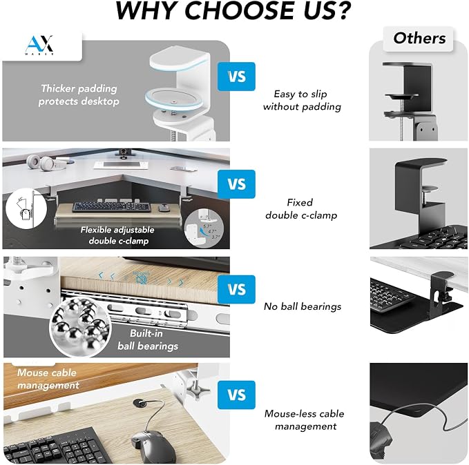 AX WABER Keyboard Tray Under Desk Pull Out with Extra Sturdy C Clamp Mount System, 27.3 (32.5 inch Including Clamps) x 11 Inch Slide-Out Platform Computer Drawer for Typing Grain - Image 2