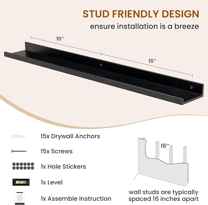 Picture Ledge Shelf, Floating Shelves for Wall Decor, Black, Set of 6, 36'' - Image 5