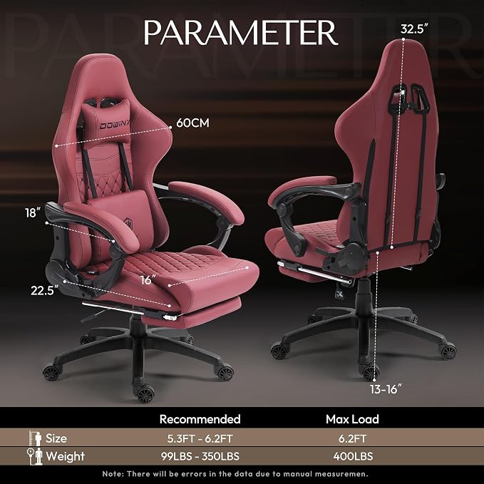 Dowinx Big & Tall Vintage Gaming Chair for Adults, 400 lb Capacity Heavy Duty Ergonomic Computer Chair with Massage Lumbar, Footrest & Easy Side Recline, Red - Image 3