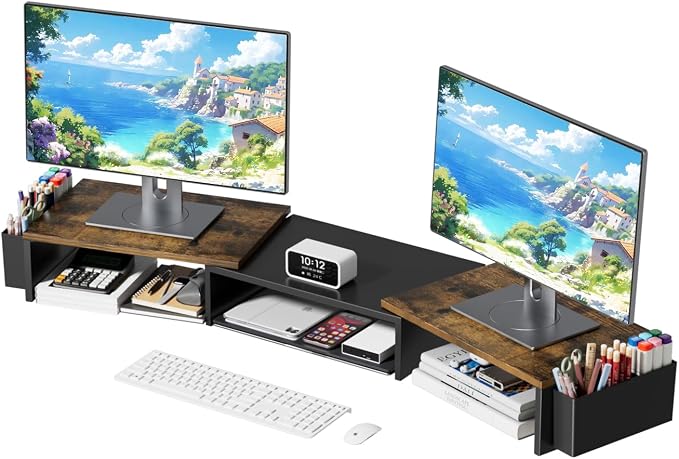 AUPSEN Dual Monitor Riser with Pen Holder, Wood Metal Computer Monitor Stand for Desk, Desk Organizers and Accessories for Office Supplies, Laptop, Desktop, TV and More (Brown) by AUPSEN