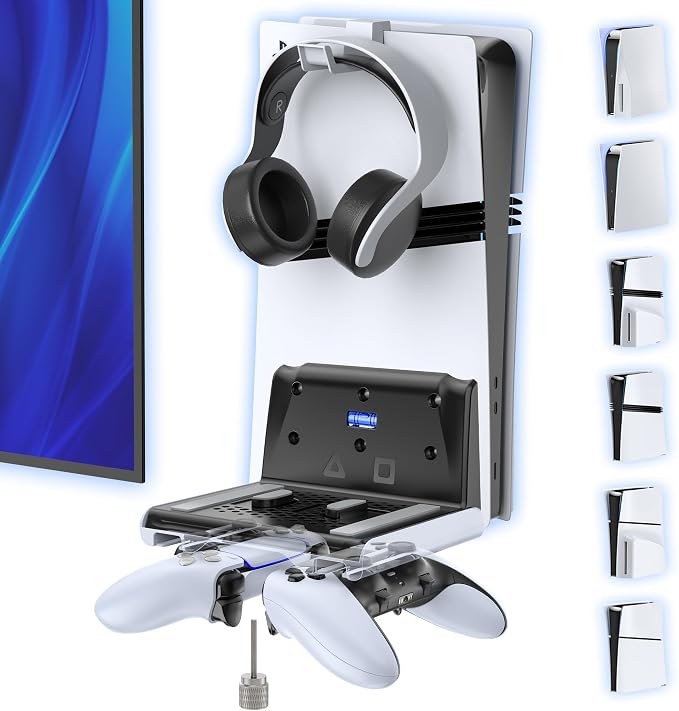 P5 Wall Mount Kit with Controller Holder Compatible with P5/Slim/Pro Disc & Digital, Pa5 Mount Floating for Gaming Accessories, Compact Pa5 Vertical Wall Shelf Organizer Bracket with Headphone Hook by Unknown