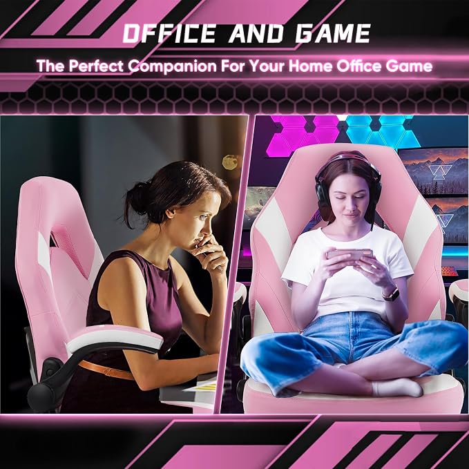 DUMOS Computer Gaming Chair, Home Office Desk Chair, PU Leather | PU Leather, Flip-up Armrest, Swivel Wheels, Lumbar Support, Video Game, Height Adjustable, White and Pink - Image 8