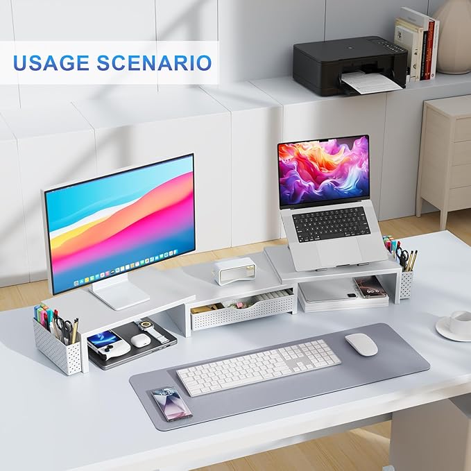 gianotter Dual Monitor Stand Riser With Drawer and 2 Pen Holders | Computer Monitor Stand Desk Organizer and Accessories Desk Shelf for Top of Desk (White) - Image 5