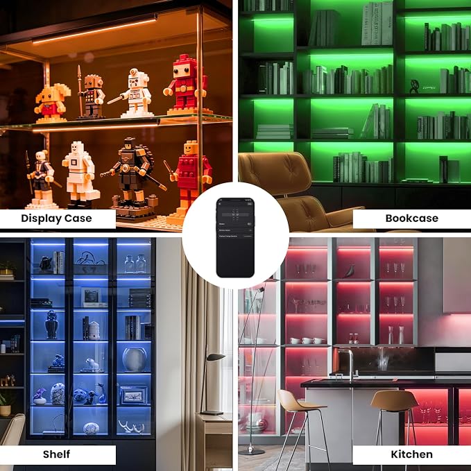 Black RGB LED Shelf Lights, Smart Bookshelf Lights Compatible with Alexa WiFi Dimmable for Display Case, Bookcase, Bar, Cabinet and Under Shelf with App, Remote, Memory Function (4Pcs 12.5In) - Image 6