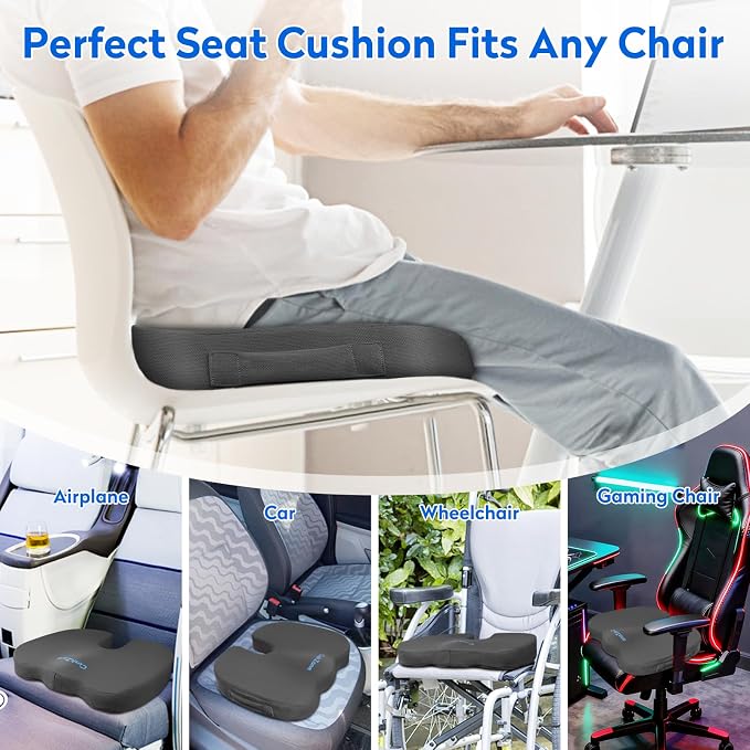 CushZone XXL Memory Foam Seat Cushion for Office & Car, Gray | U-shaped Coccyx Cutout, Contoured Design, Breathable Removable Mesh Cover, Non-Slip Base, Carry Handle - Image 5
