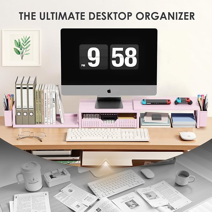 OPNICE Desk Organizers and Accessories, Dual Monitor Stand Riser with Drawer and 2 Pen Holders, Desk Shelf Computer Racks for Office Workspace Organizers, Desktop Organization (Pink) - Image 5