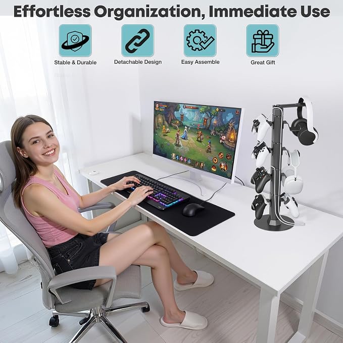Controller & Headset Holder Stand for Desk, with Charger Cable Organizer Headphone Stand for PS5/ Xbox/ PS4/ Switch, Metal Base Controller Hanger Hook for Storage Earphones, Game Console, Mobile Phone - Image 7