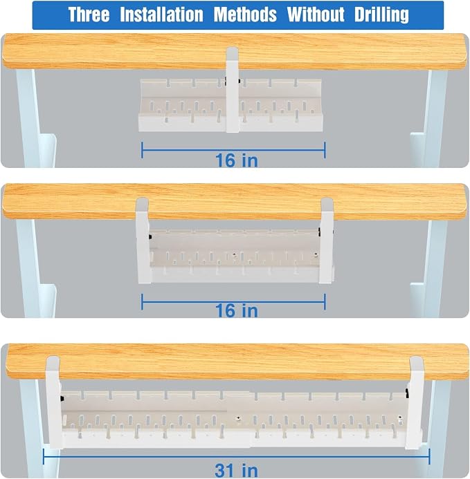 No Drilling Extendable Under Desk Cable Management, Metal Cable Management Tray Under Desk with Clamp, Retractable Power Strip Cord Holder for Wire Management 31Inch (1 Pack White) - Image 5