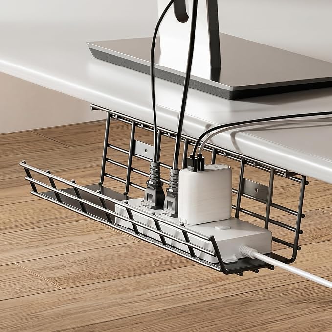 1 Pack DELAMU Under Desk Cable Management Tray, Large Metal Cord Organizer, Office & Home Cord Wire Management Under Desk Shelf, Easy Install Pre-drilled Cable Organizer, Black - Image 9