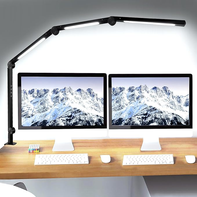 LED Desk Lamp with Clamp & Flexible Arm - 3 Light Sources, 4 Color Modes & 5 Brightness Levels, Eye-Caring Table Light with Memory Function by vimeepro