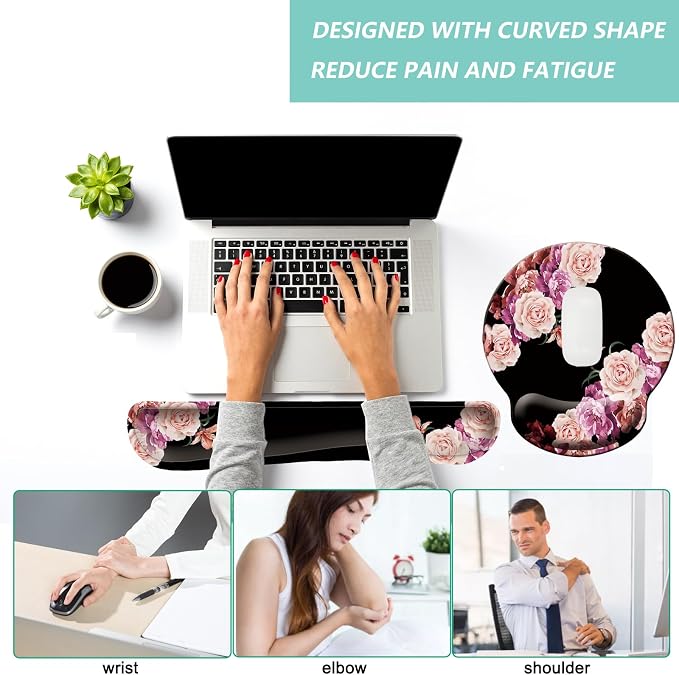 Keyboard Wrist Rest Pad Mouse Pad with Wrist Support Set of 3, Mousepad with Non-Slip Rubber Base, Ergonomic Memory Foam Mouse Wrist Cushion Support for Home Office Laptop Computer Gaming, Flowers - Image 5