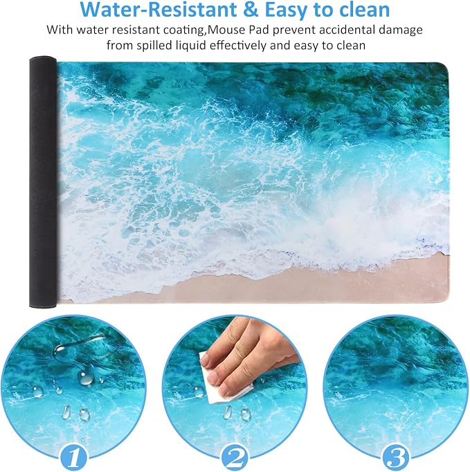 iCasso Extended Gaming Mouse Pad,35.4 x 15.7in Desk Pad,Beach | Non-Slip Rubber Base Mousepad with Stitched Edges,Waterproof Keyboard Mouse Mat for Work Home Game Office - Image 4