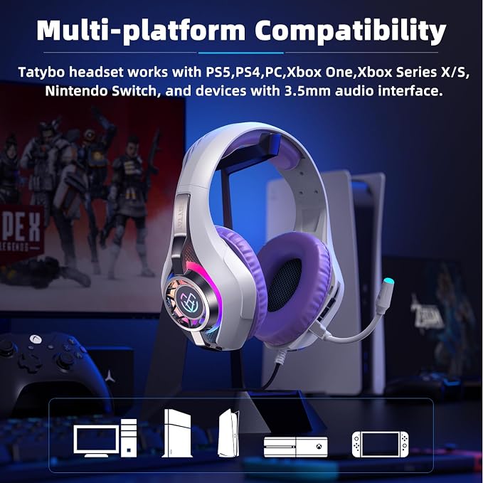 Tatybo Gaming Headset for PS5 PC, Noise Canceling Mic, RGB, Purple - Image 5