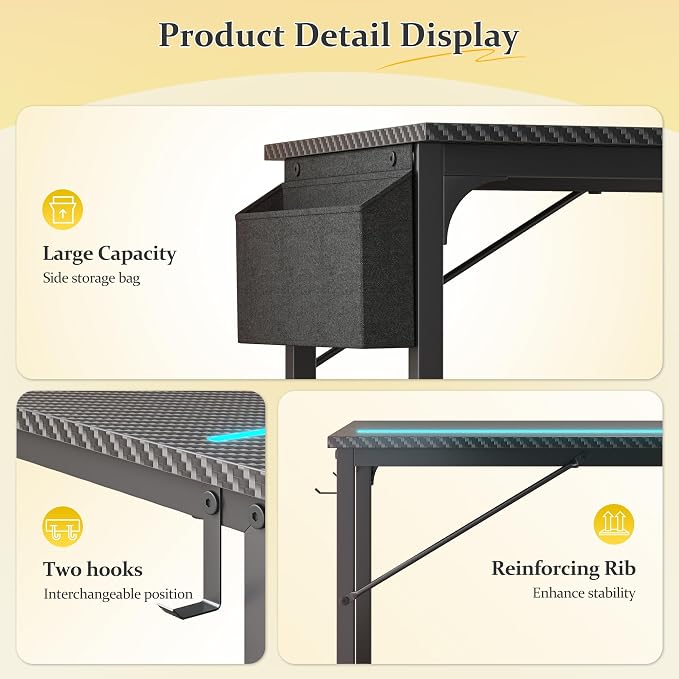 DurayLoly 32" Gaming Desk with Waterproof LED Lights for Bedroom,Black - Image 8